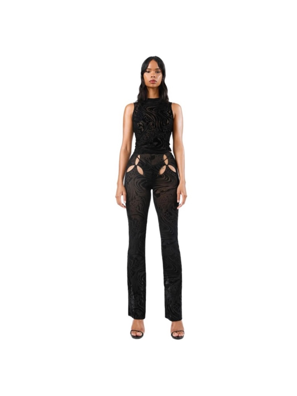 LAM.GIA AMINA Mesh Flower Cut Out Black Semi Sheer Festival Pants- Sz Small
